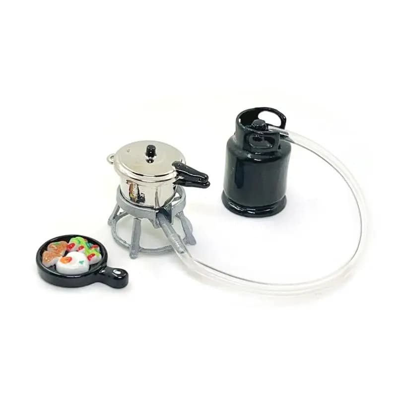 1/12 Set di utensili da cucina per casa delle bambole Mini fornello a gas Uovo fritto Pentola a pressione Modello Casa delle bambole Giocattoli da cucina Kid Giochi di imitazione Giocattolo