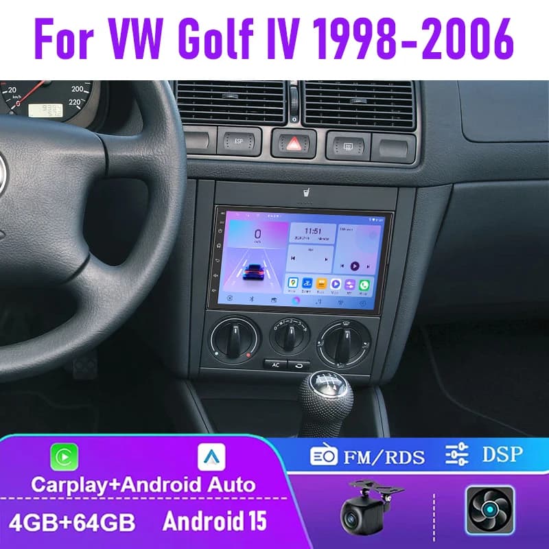 7 "4 + 64GB Per VW Golf IV 1998-2006 Autoradio Carplay Android Auto Controllo Volante 2DIN GPS Navi Fotocamera Posteriore FM