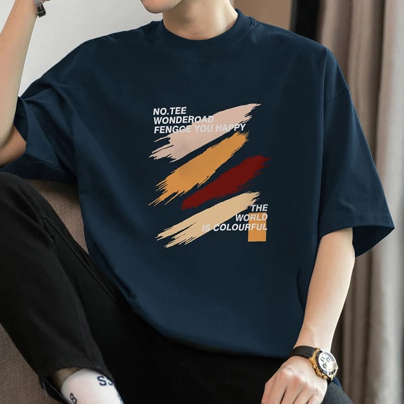 Heavyweight Cotton T-Shirt Men's Short Sleeve Printed Loose Fit round Neck American Style Half Sleeve Trendy Summer Breathable