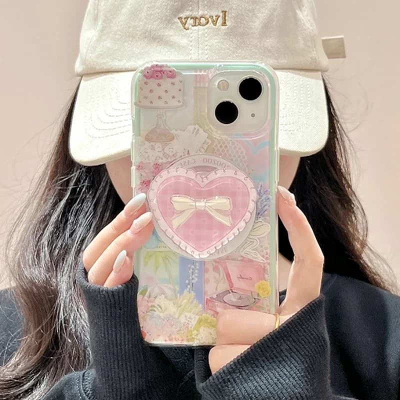 Coreano carino griglia cuore arco per telefono magnetico Magsafe Griptok Grip Tok supporto per iPhone 15 custodia di ricarica wireless