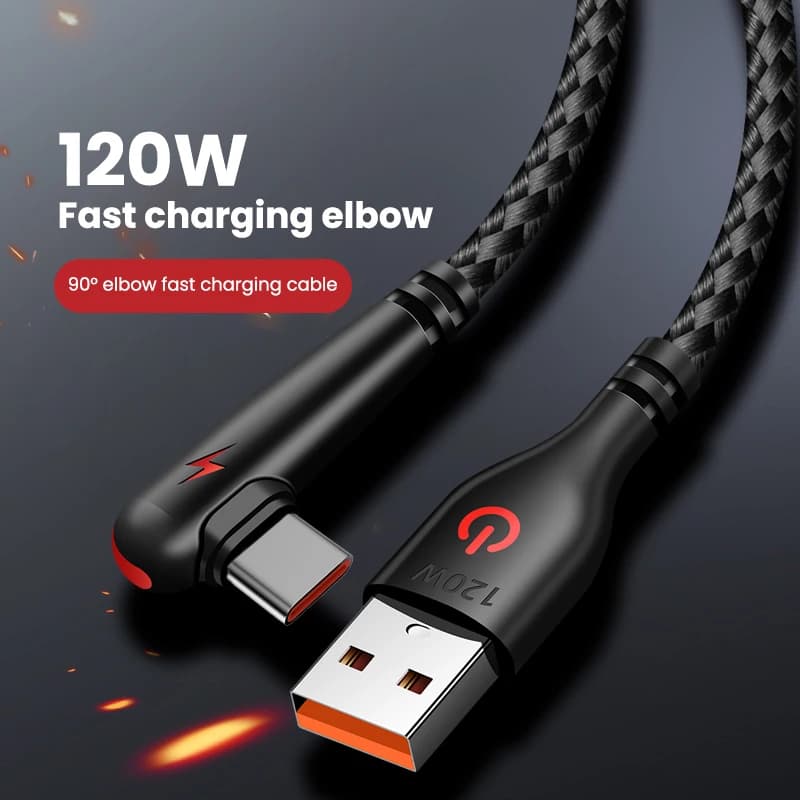 USB Type C Cable 120W Quick Charging Cell Phone Elbow for Huawei Mate 40 30 Xiaomi Samsung Phone Charging Cable