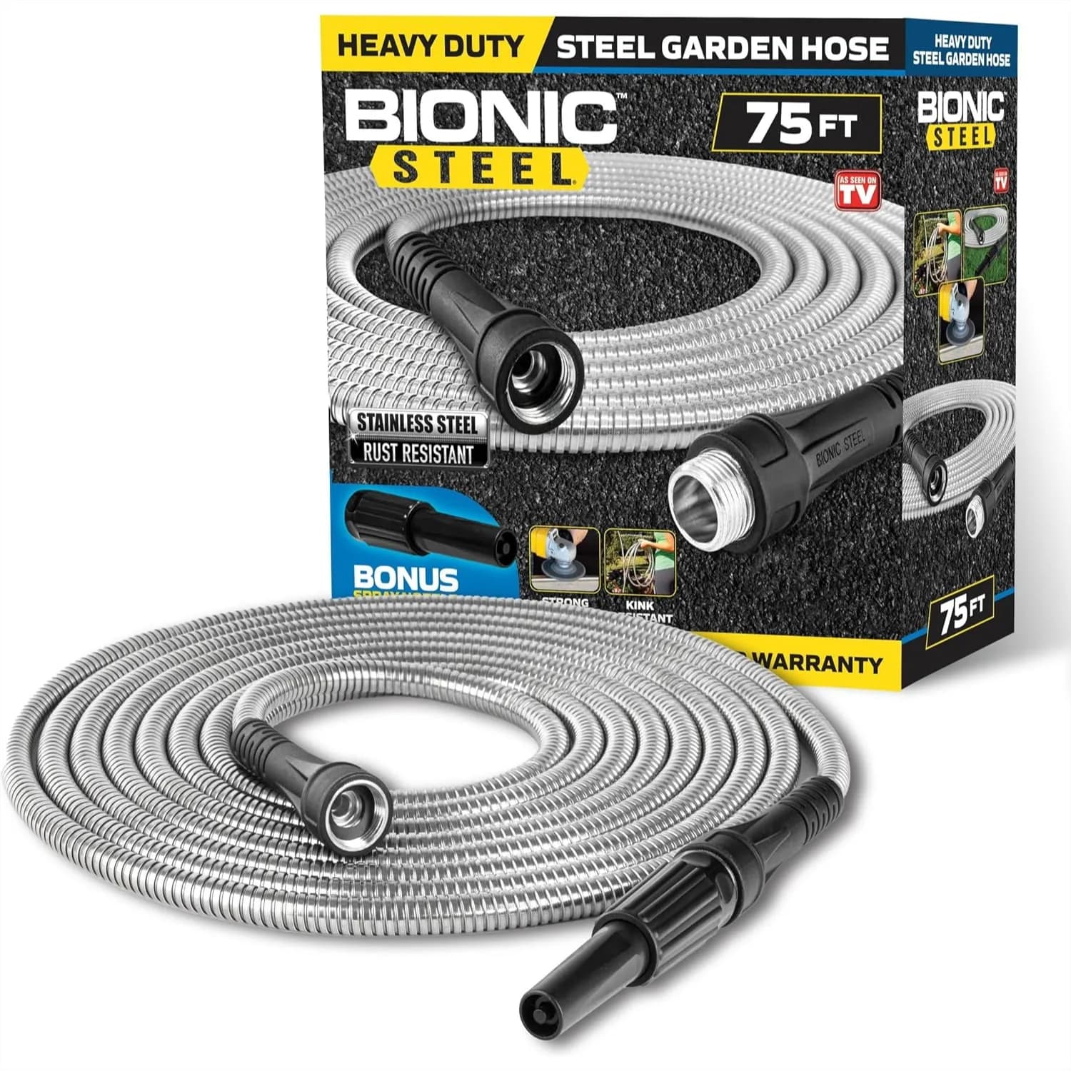 75 ft Garden Hose 304 Stainless Steel, Heavy Duty Metal Water Hose with Crush Resistant Fittings, Lightweight, Kink Free, Rust