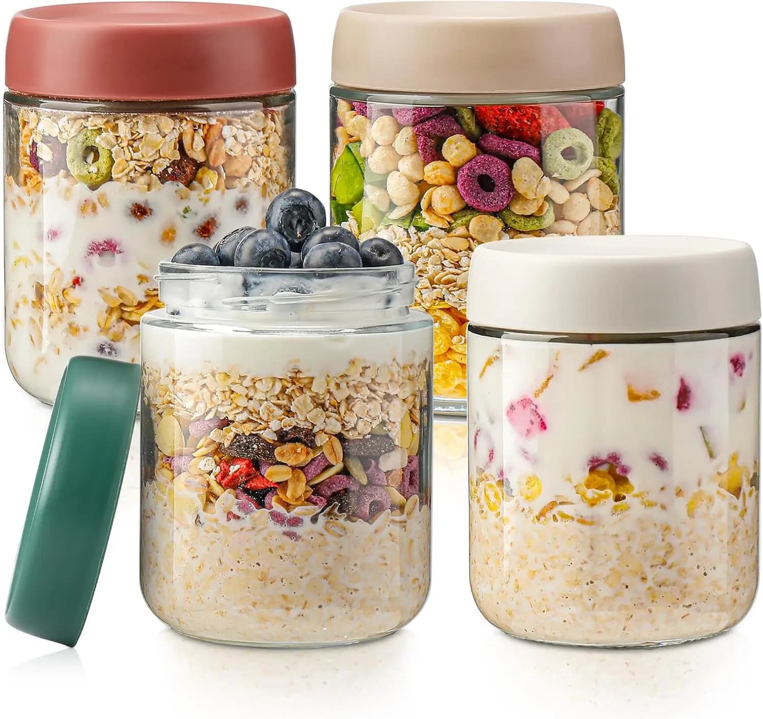 Set di 4 Barattoli in Vetro da 16oz con Coperchi per Overnight Oats - Contenitori per Preparazione Pasti