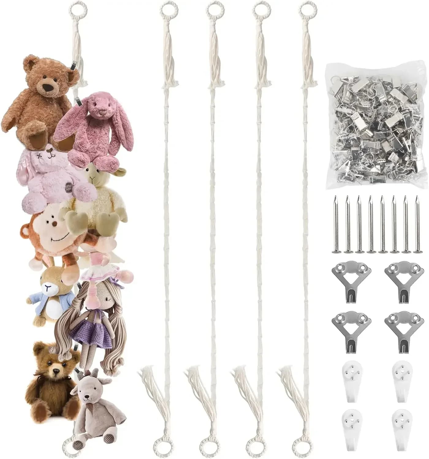 Catena portaoggetti per peluche da 80 pollici con 80 clip, organizer appendibile beige da parete, confezione da 4