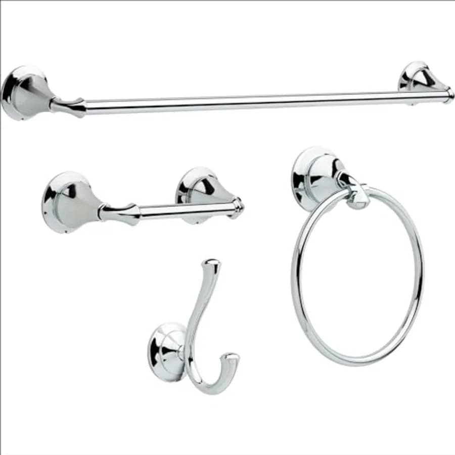 Set di accessori per il bagno Delta Linden da 4 pezzi con 24 pollici Portasciugamani, Portarotolo, Anello Portasciugamani, Gancio Portasciugamani in Cromo Lucido