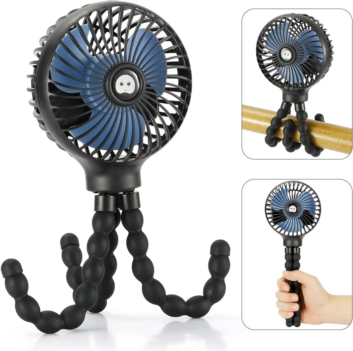 Mini ventilatore portatile con treppiede flessibile, alimentato tramite USB o batteria, per passeggino, seggiolino auto, scrivania, campeggio, viaggi (Nero)
