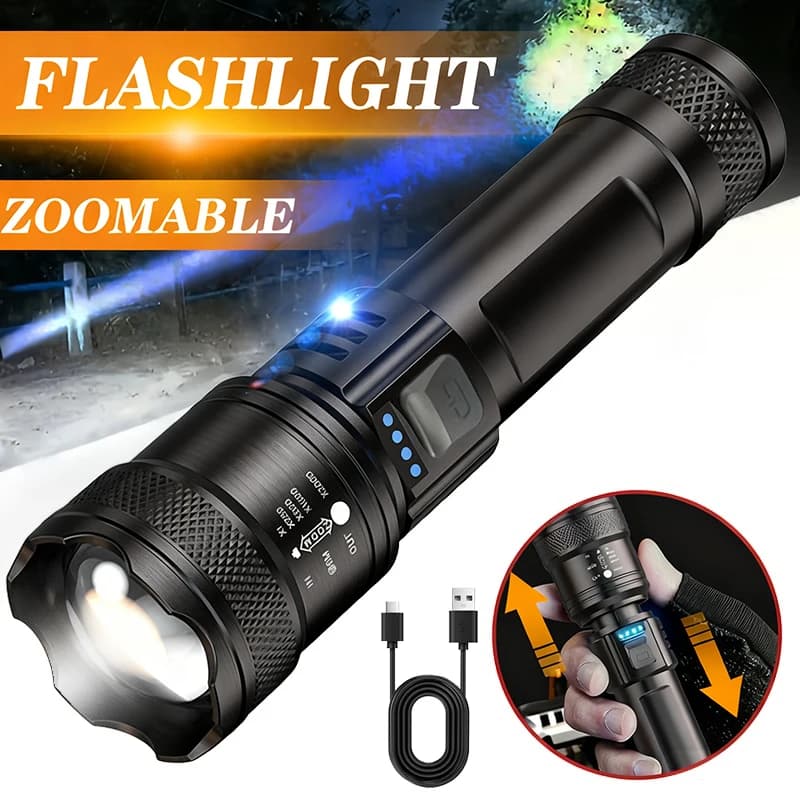 Potente torcia a LED Display a batteria Luce ricaricabile USB Torcia con zoom telescopico Lampada da pesca da campeggio esterna