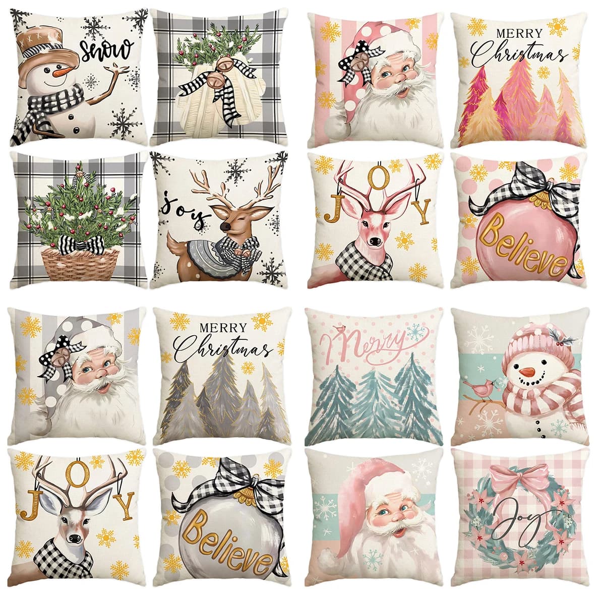1 \ 4pcs gray Christmas snowman, Christmas reindeer print pillow cover, home sofa decoration cushion cover (without pillow core)