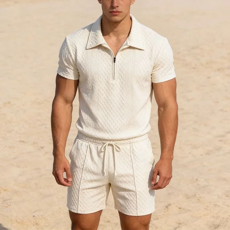 Completo Polo da Uomo con Colletto Rovesciato, Set Estivo Jacquard con Mezza Zip, Maglietta e Pantaloncini, 2 Pezzi, Stile Vintage Casual Sportivo