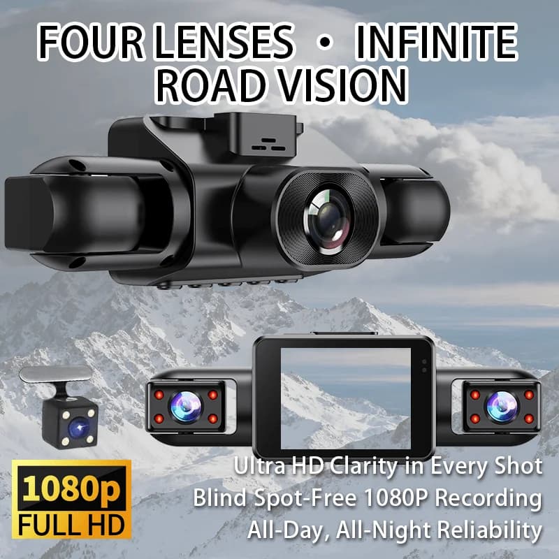 Dash Cam 1080P con 3/4 Obiettivi, Visione Notturna IR, Registrazione in Loop, Registratore DVR per Veicoli con Telecamere Anteriore, Interna e Posteriore