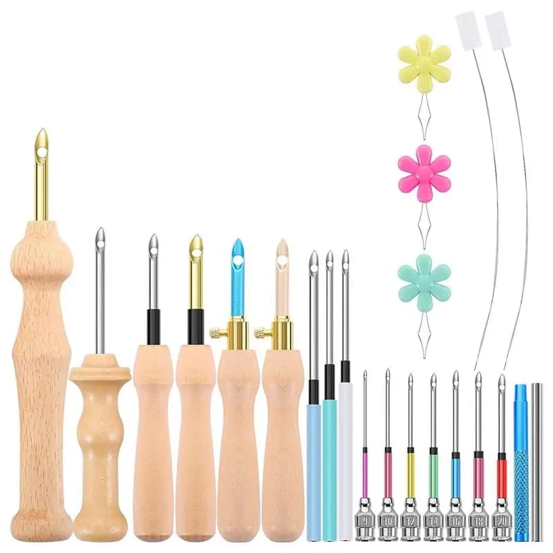 A20F-23Pcs Punch Needle Kit, Wooden Punch Needle Set Adjustable For Adults Beginner Embroidery Durable Easy Install