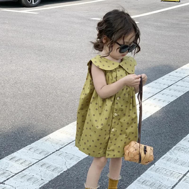 Abito senza maniche per bambini 2023 Abito estivo con colletto polo con stampa a pois per nuove ragazze Abito canotta monopetto in cotone coreano