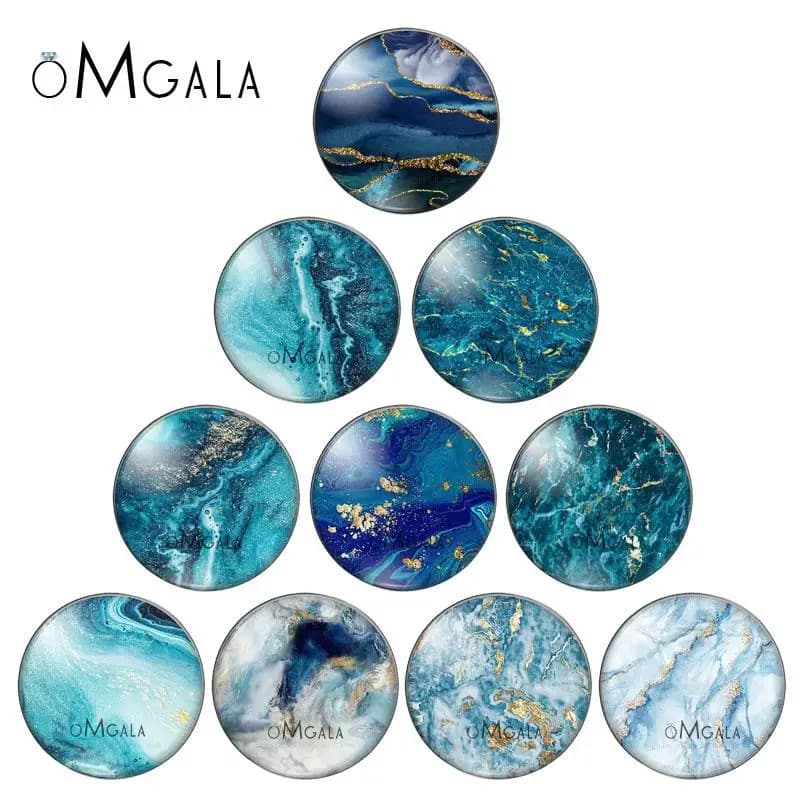 Water color glass cabochon,Blue Green and yellow color marble patterns Round photo glass cabochon demo flat back Making findings
