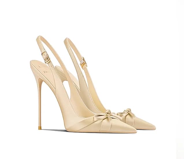 A single ribbon apricot silk pointed small bow with thin heels high heels for women's summer new style, not tiring for the feet