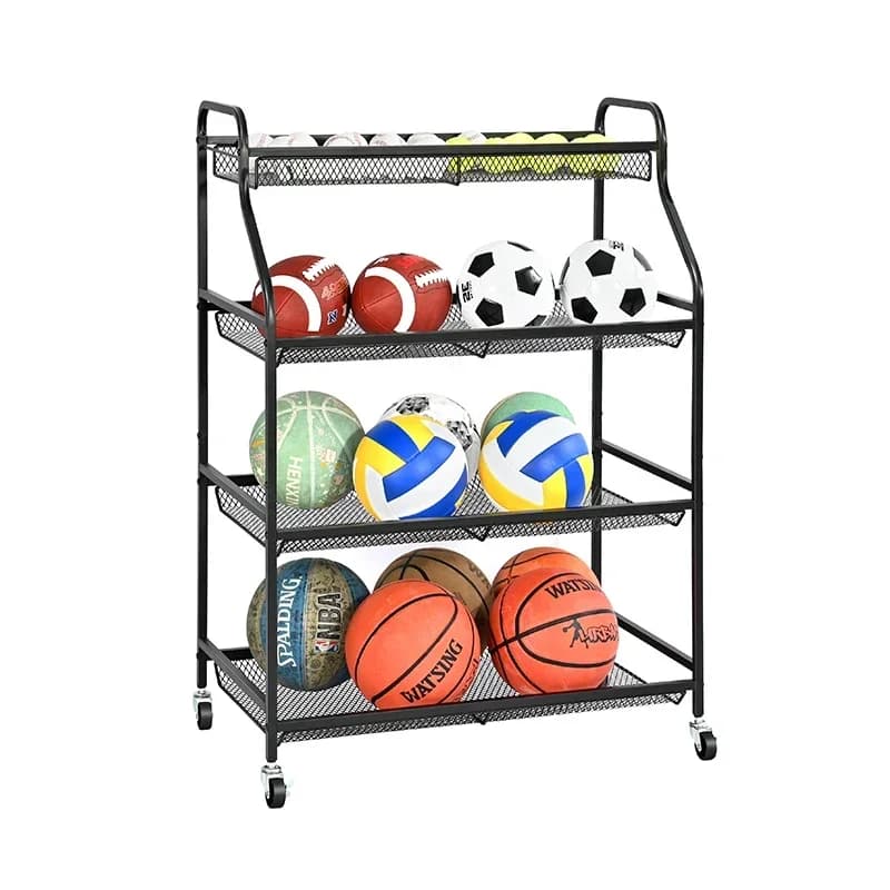 2026 Heavy Duty Steel Ball Storage Rack Trolley with Lockable Wheels and Shelves for Basketball Soccer Volleyball Tennis