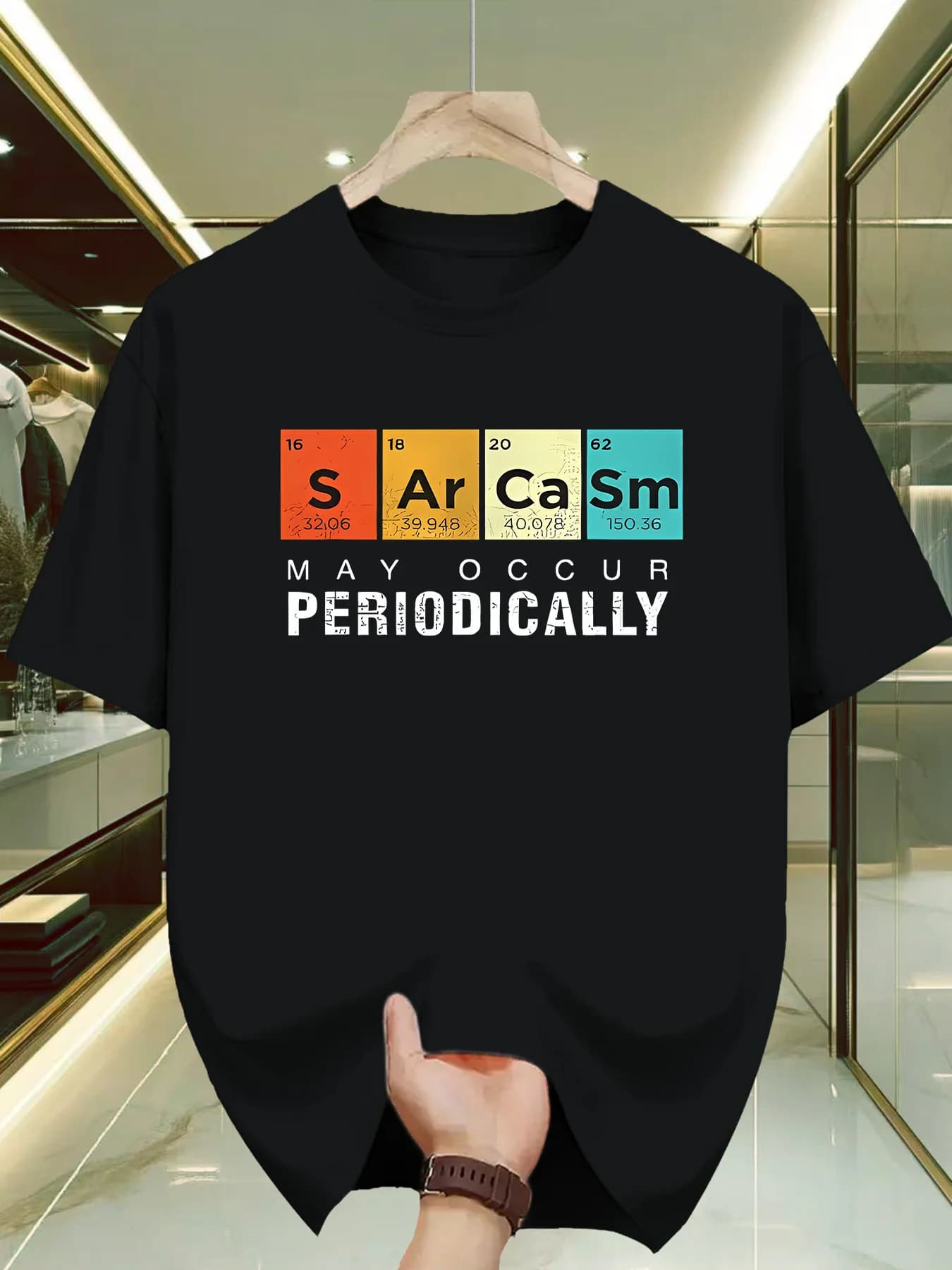 Men's Scientific Humor Periodic Table Pattern T-shirt. Four-season Comfortable Round-neck Shirt with "satirical" Design Elements