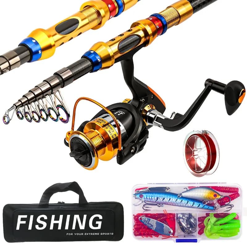 Portable Carbon Fiber Telescopic Fishing Rod And Reel Combo Full Kit With Simulation Lures Carry Bag For Freshwater Saltwater