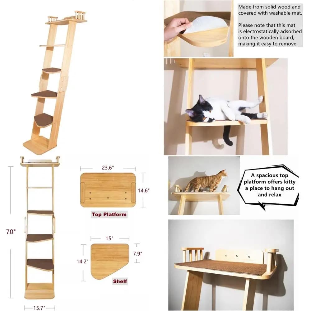 Albero per gatti inclinato a 6 livelli alto 70 pollici con grande piattaforma a percussione per parete o finestra, struttura in legno massello