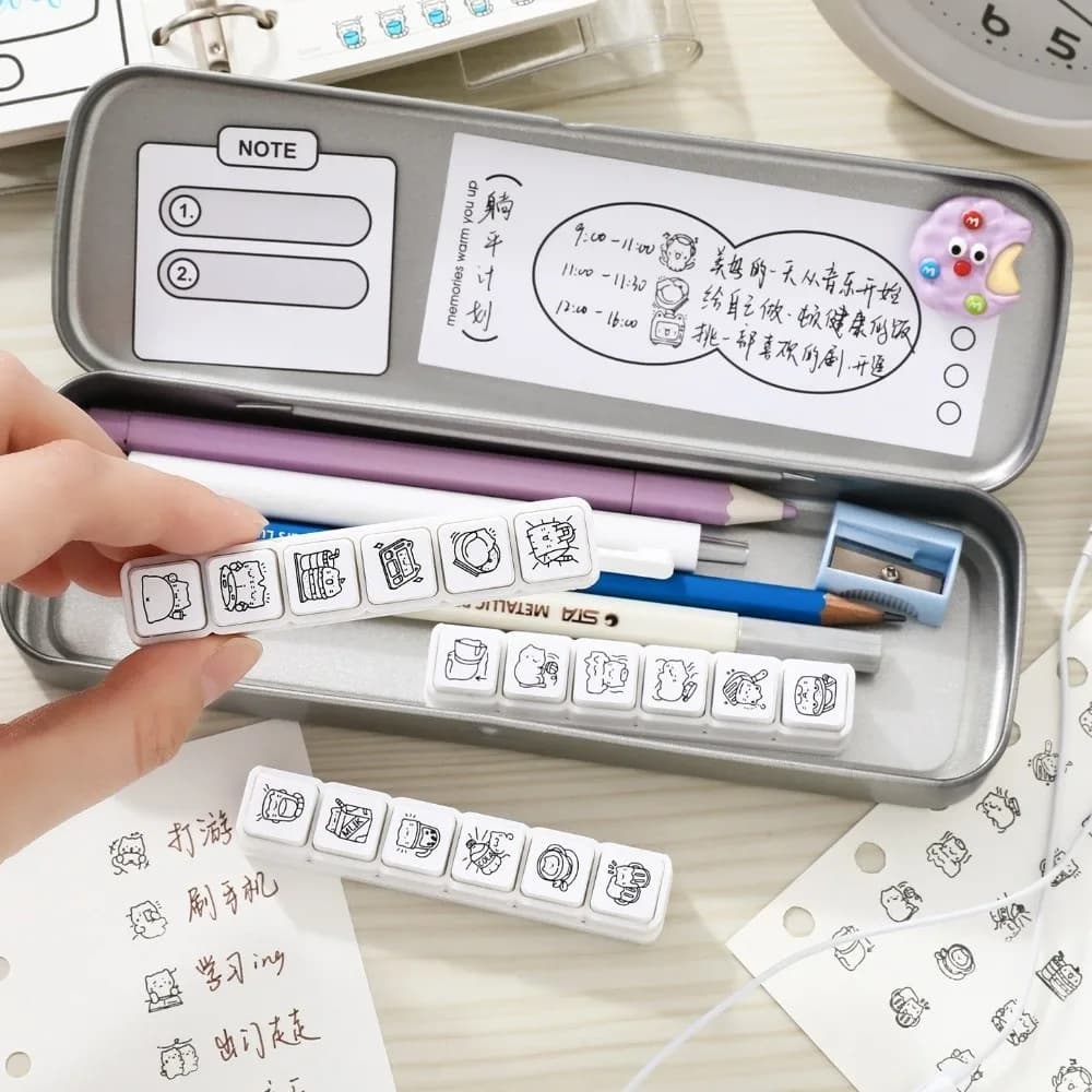 Set di 6 Timbri con Design di Gatti Carini, Manico in Plastica, Formato Mini, Serie Vita Quotidiana, Timbri in Gomma per Scrapbooking