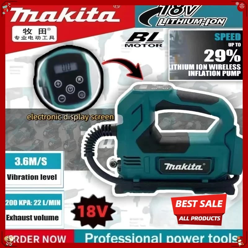 Compressore d'aria portatile Makita senza fili con display digitale, pompa elettrica per gonfiaggio pneumatici, compatibile con batteria Makita 18V