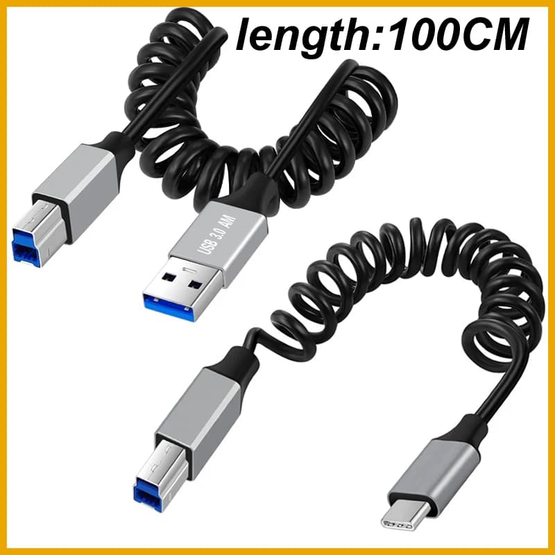 100CM USB A TYPE C Male Spring USB 3.0 T Printer Type-B Cable 5Gbps Data Transmission For Disk External Hard Drive Camera Data