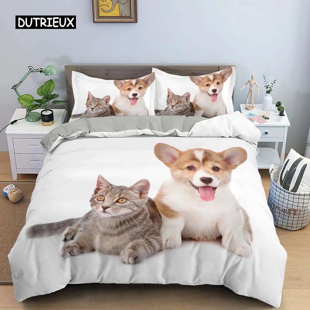 Set copripiumino per cani e gatti, misura Queen, tema animali, set biancheria da letto per bambini, ragazzi e ragazze, copripiumino in microfibra 3D con cuccioli e gattini
