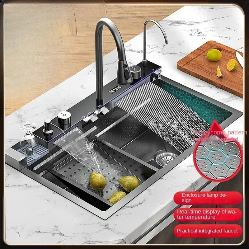 Integrated Waterfall Kitchen Sink with Honeycomb Tech Digital Display Stainless Steel Soap Dispenser Cup Washer for Home