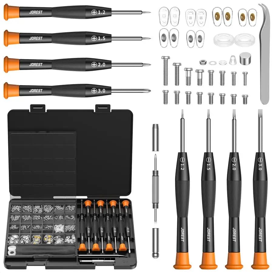 Kit di riparazione per occhiali, strumento per riparare occhiali da sole e da vista, include viti piccole, cuscinetti nasali e cacciaviti, kit di fissaggio per occhiali Chris