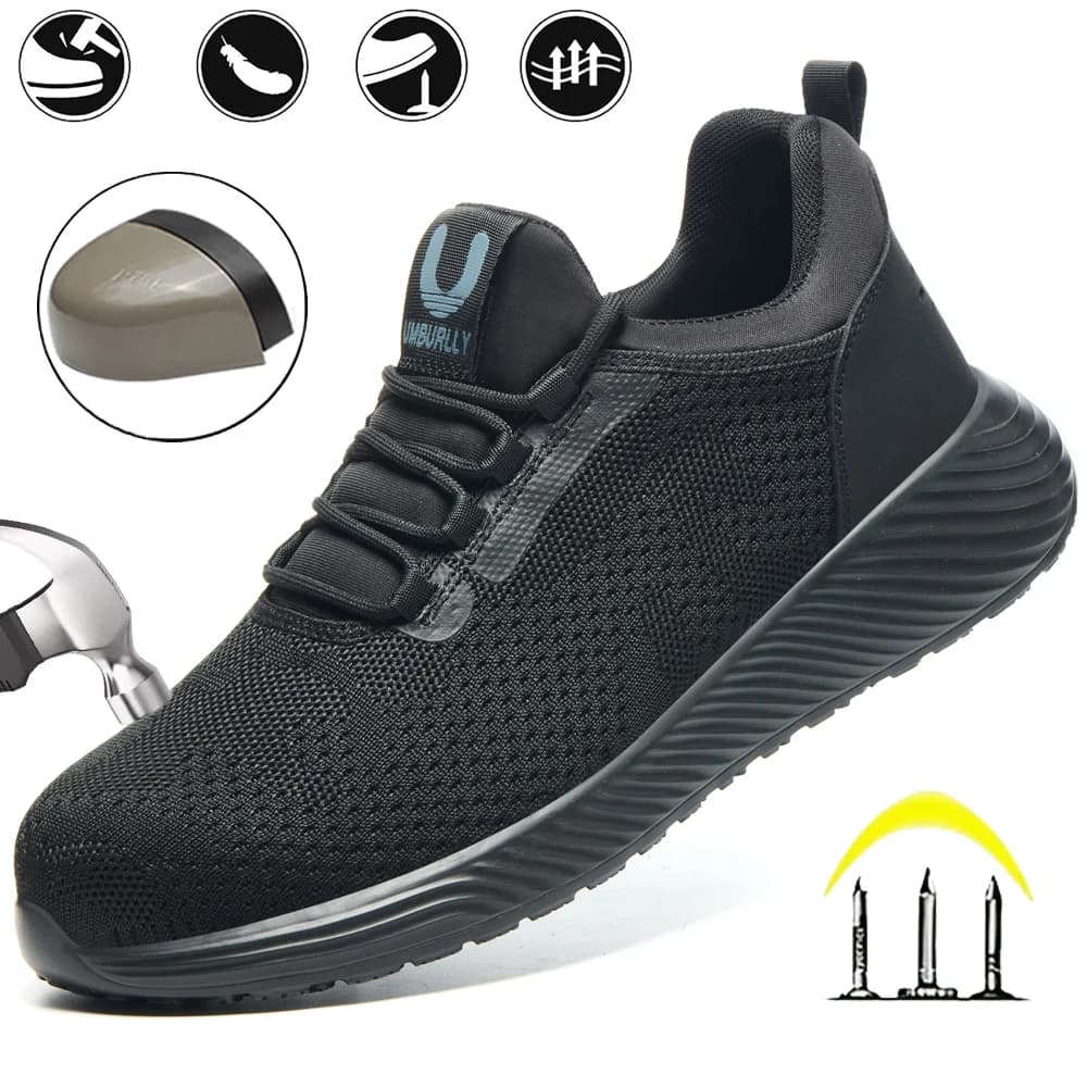 Men's Anti-Slip Stainless Steel Toe, Lightweight and Breathable, Black Pure, Classic Work Shoes Suitable for Multiple Scenes