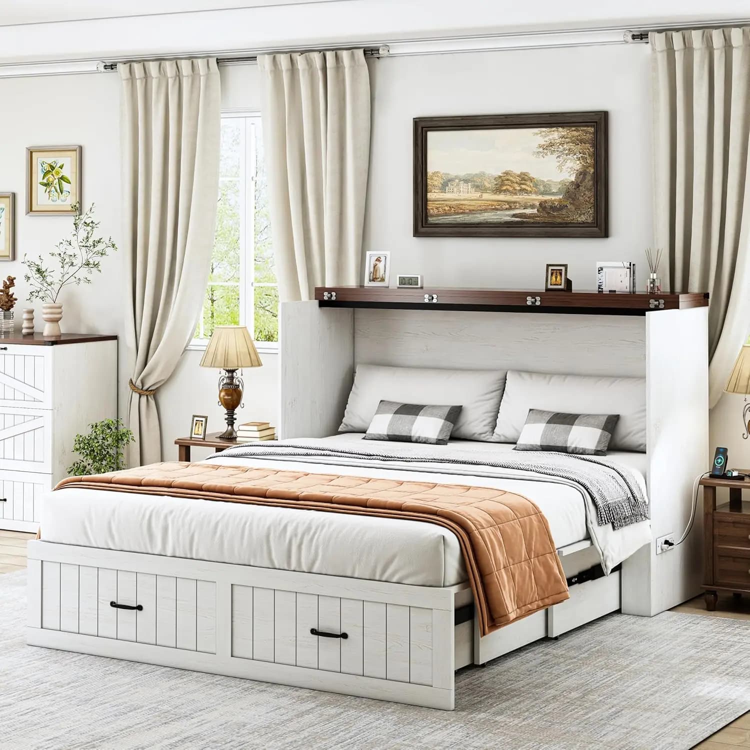 Struttura letto Queen Size Murphy, letti Queen in legno da fattoria con stazione di ricarica, cassetto, letto con piattaforma pieghevole Queen, bianco