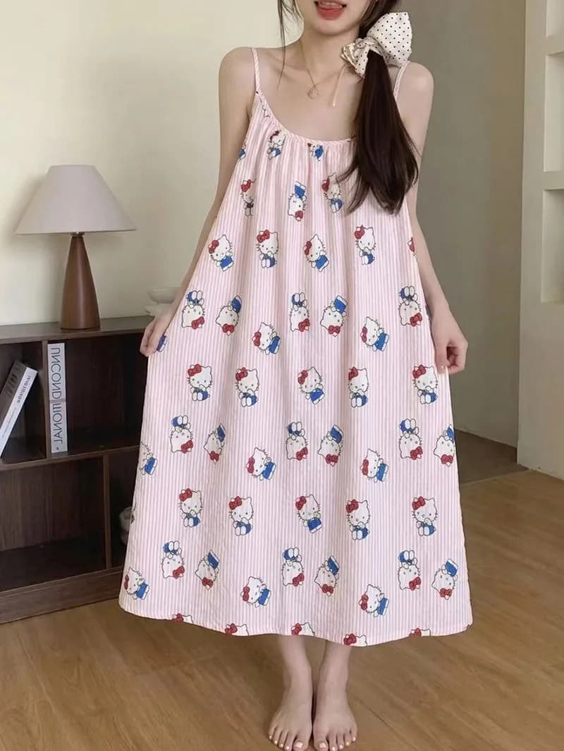 Suspender chest pad nightdress women's summer French cartoon Hello Kitty medium and long loose can be worn outside pajamas dress