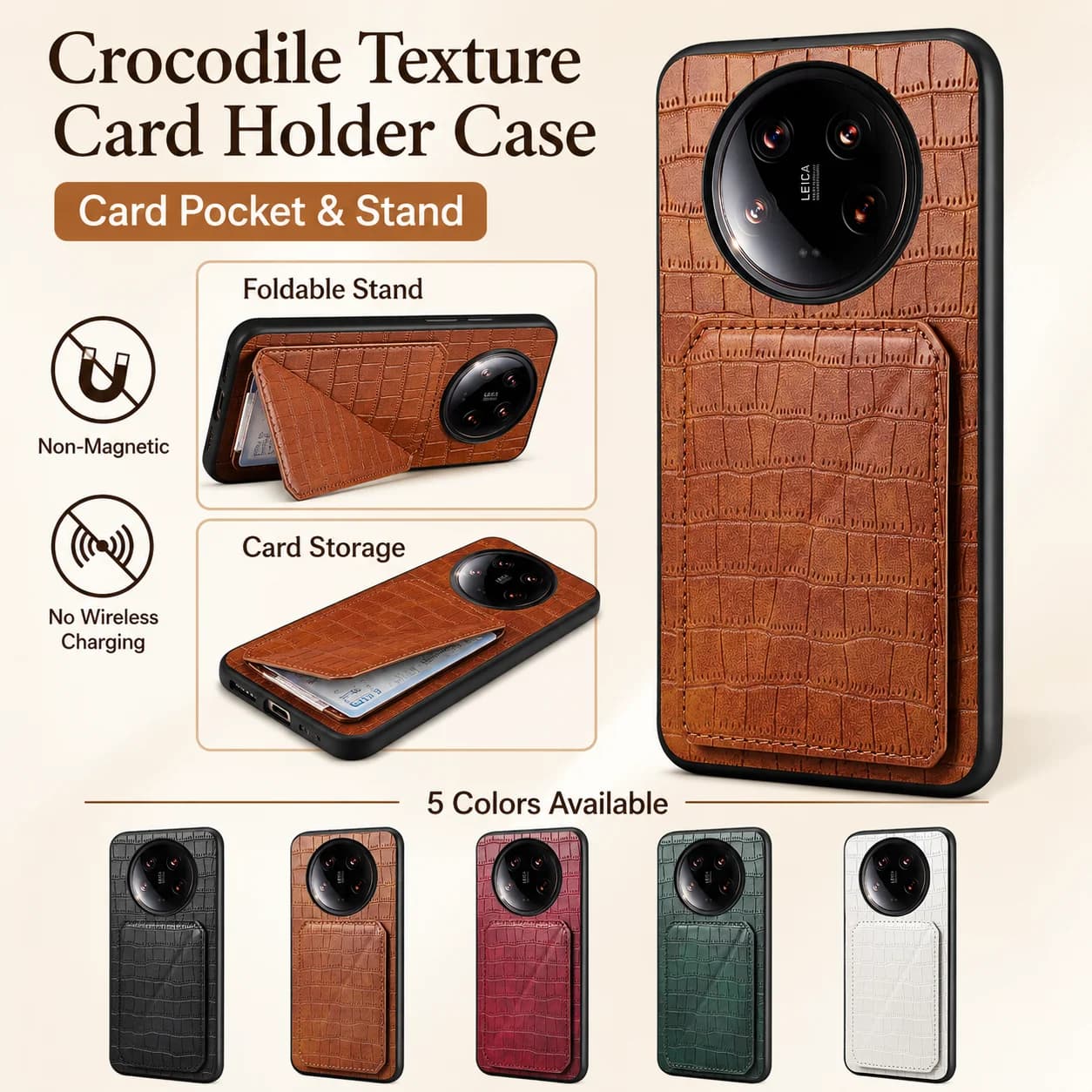 Denior Faux Crocodile PU Leather For Xiaomi 14 Pro/13 Ultra Phone Case With Fixed Wallet Card Holder Back Pocket Kickstand Cover