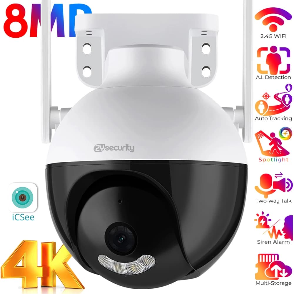 Telecamera di sicurezza PTZ WiFi esterna 4K 8MP Monitoraggio automatico Rilevamento umano Telecamera IP Telecamere di videosorveglianza per visione notturna a colori iCSee