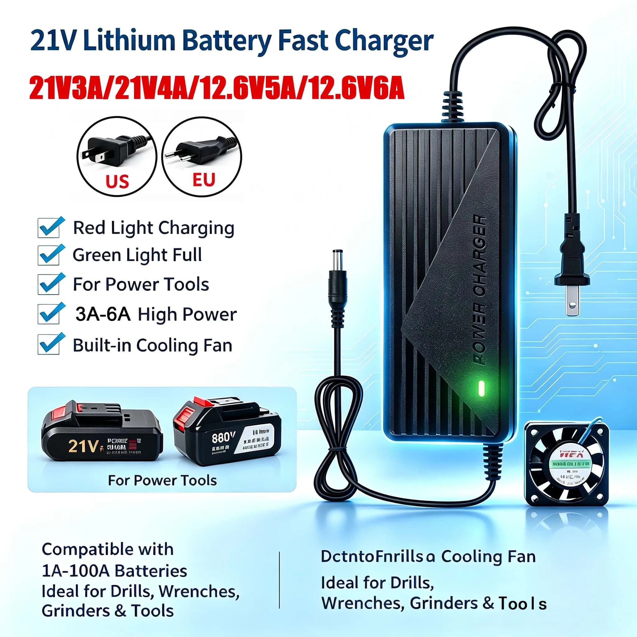 Fast Charging 21V3A 4A 12.6V 5A 6A 18650 Lithium Battery Charger with Cooling FanUS EU Plug DC 5.5*5.2mm for 5s 18V Charger