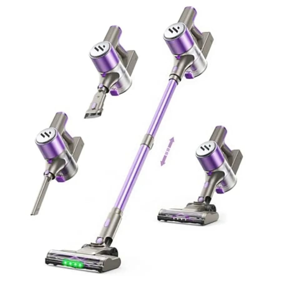 Home vacuum cleaner, mulberry purple cordless stick vacuum: lightweight, rechargeable, self-standing, LED touch screen, optimiz