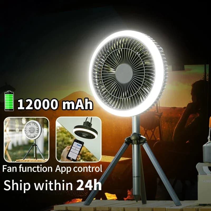 Ventilatore da Campeggio Smart da 10000mAh con APP, Ricaricabile, Portatile, da Tavolo, Wireless, con Power Bank, Illuminazione LED e Treppiede