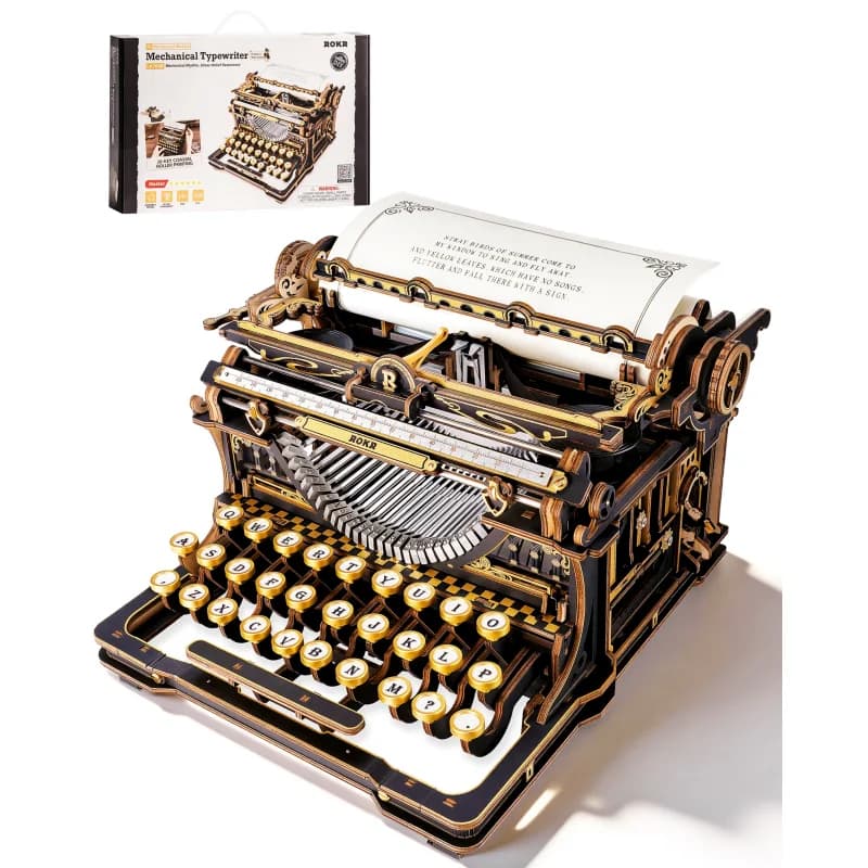 3D wooden puzzle in the shape of a ROKR typewriter – Kit mechanical model black and gold, DIY toy, vintage decoration, gift for adults
