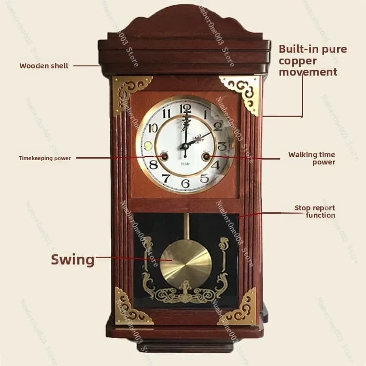 Orologio da parete meccanico vintage con pendolo – Cassa in legno, movimento in ottone, carillon a carica sull'ora