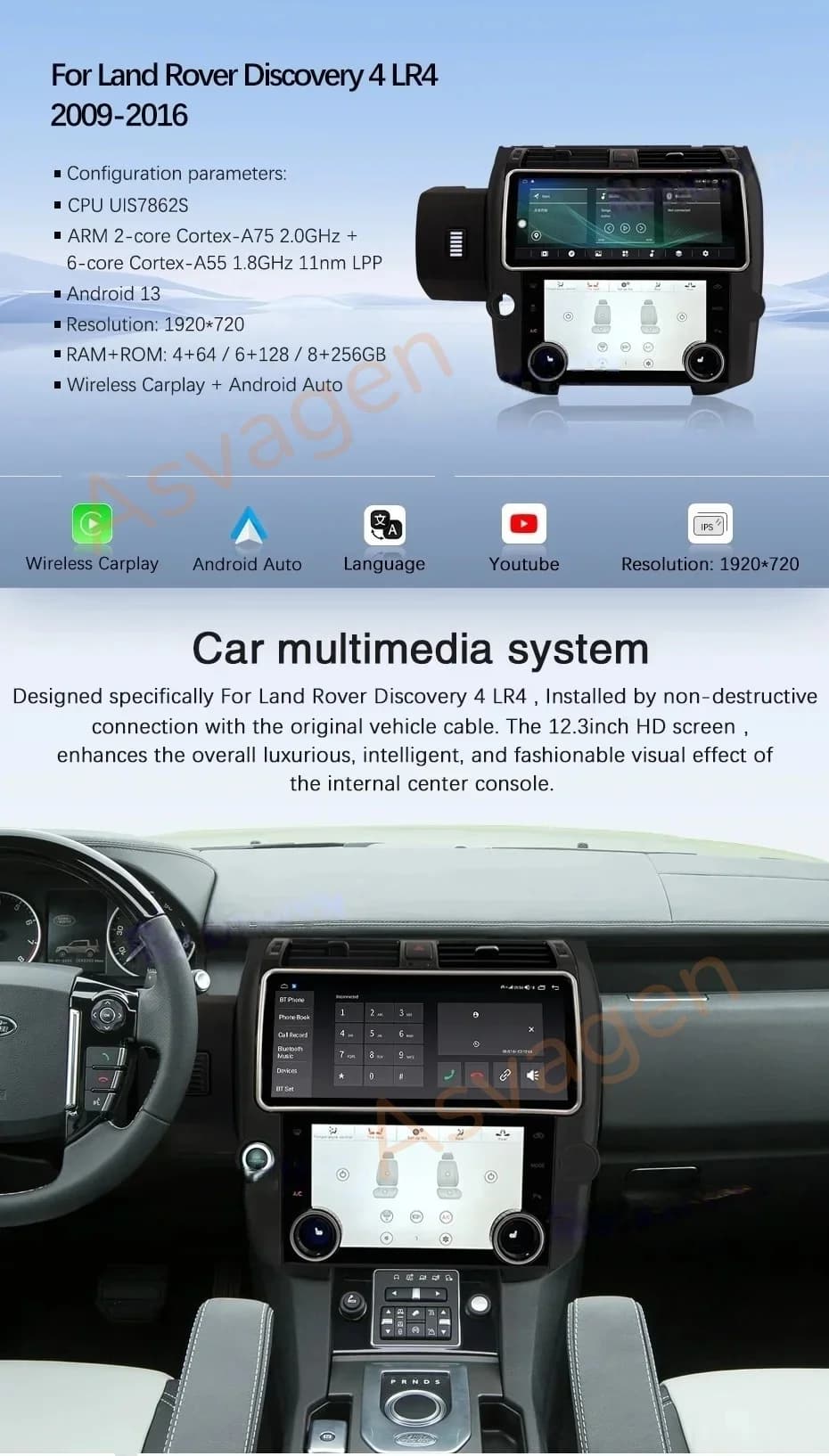 12.3Inch Android 13 For Land Rover Discovery 4 LR4 2009-2016 Car multimedia Player GPS navigation Radio Carplay AC Touch screen