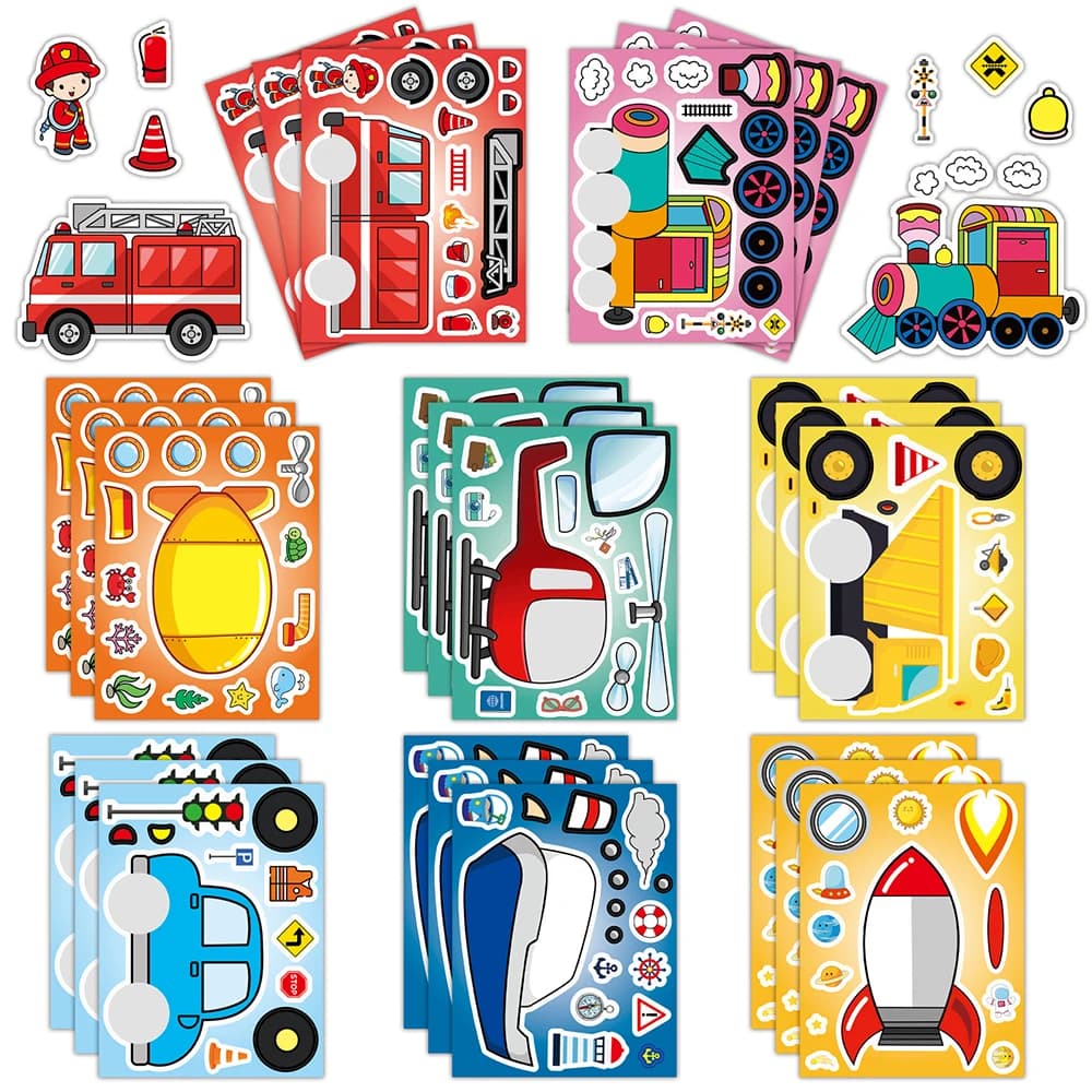 8/16Sheets Make Your Engineering Transportation Vehicles Puzzle Sticker for Kids Children Construction Truck Puzzle Sticker