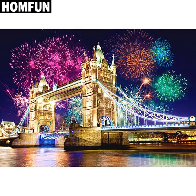 HOMFUN Pieno Quadrato/Rotondo Trapano 5D Pittura Diamante FAI DA TE "Tower Bridge" Ricamo Punto Croce 5D Complementi Arredo Casa Regalo A02704