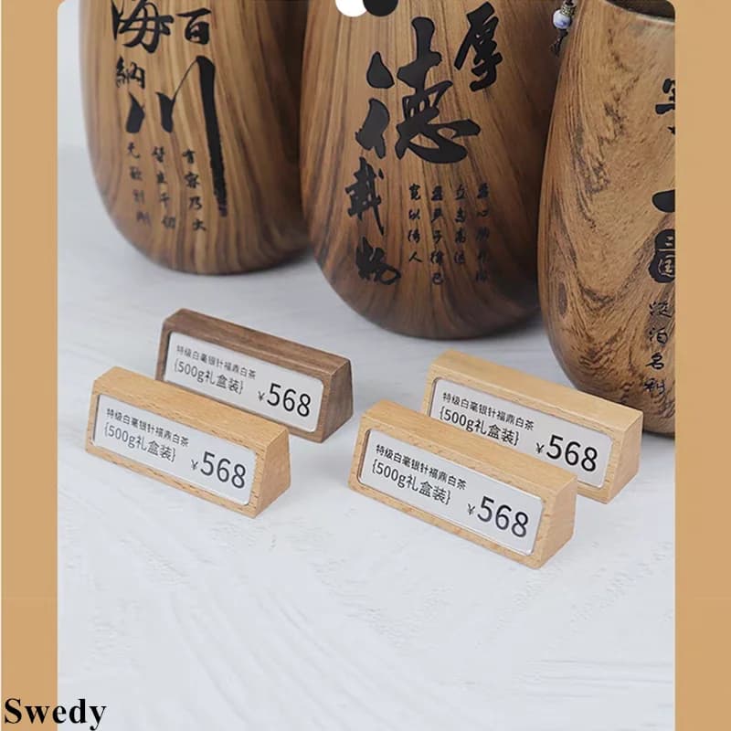 Set di 6 Portaetichette in Legno con Base, Supporto per Cartelli in Acrilico, Porta Menu, Espositore per Cartellini Prezzi