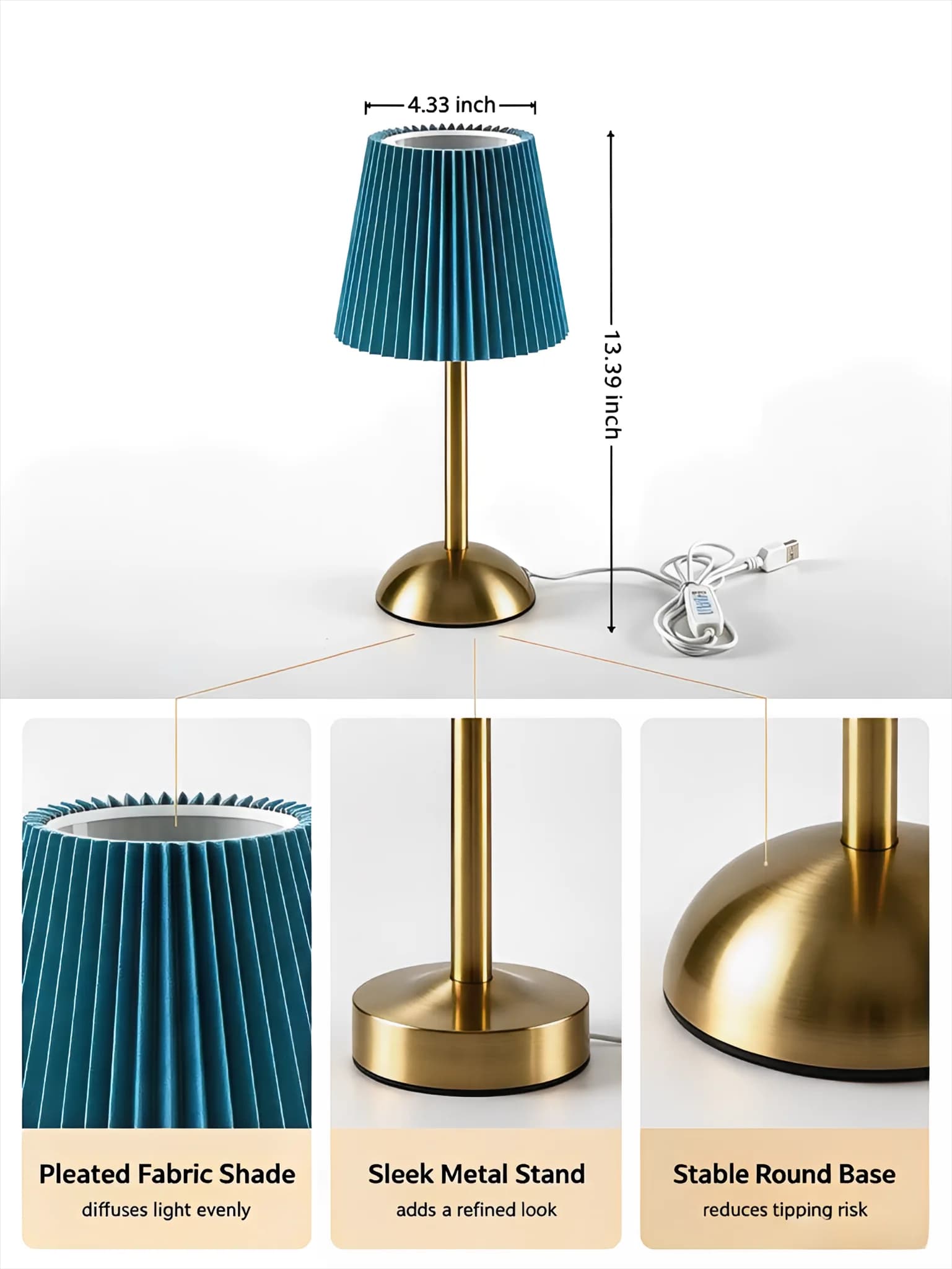 Teal Blue Pleated Fabric Shade USB Table Lamp, Elegant Gold Metal Base Decorative Desk Lamp, USB Control Bedside Lamp for Bedroo