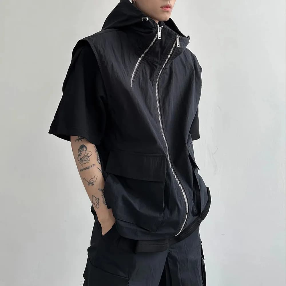 Gilet Cargo da uomo con cappuccio estate giapponese con cerniera Design top senza maniche maschile coreano Streetwear Hip Hop Unisex Plus Size gilet