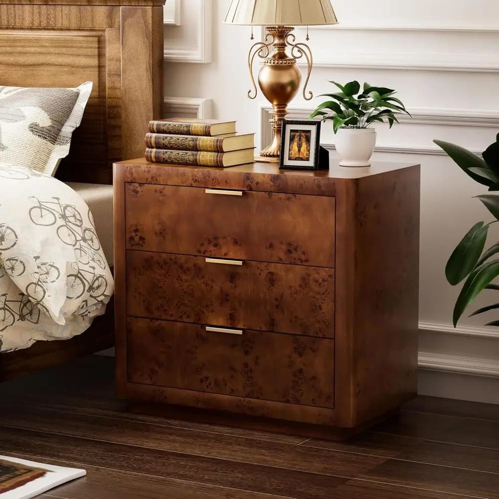 Comodino rustico a 3 cassetti con maniglie in metallo, contenitore vintage in legno per camera da letto, completamente assemblato, marrone scuro
