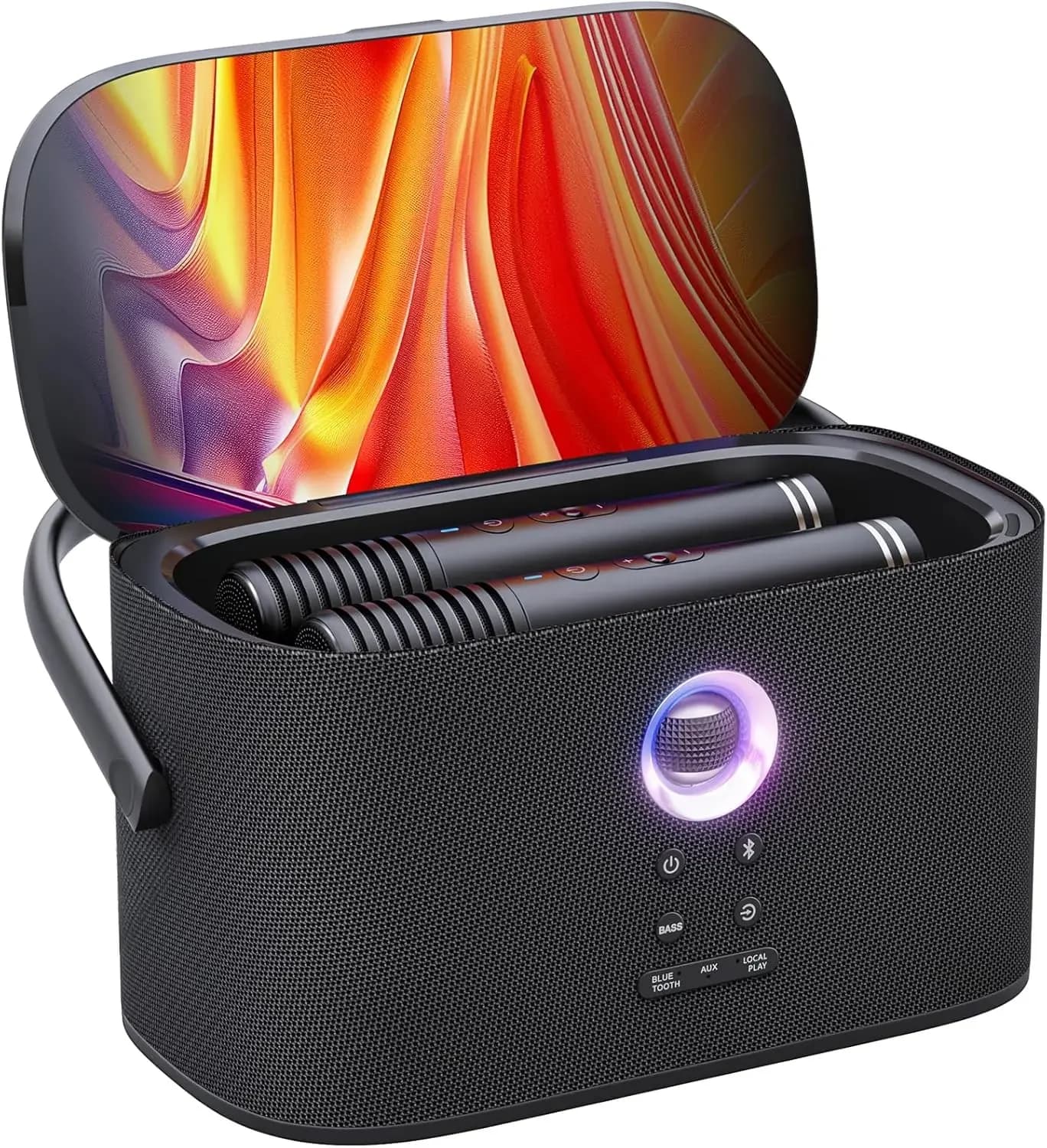 Macchina Karaoke Portatile per Adulti, Display e Schermo per Testi Integrati, 2 Microfoni Wireless Autoregolanti, App Karaoke, 140W