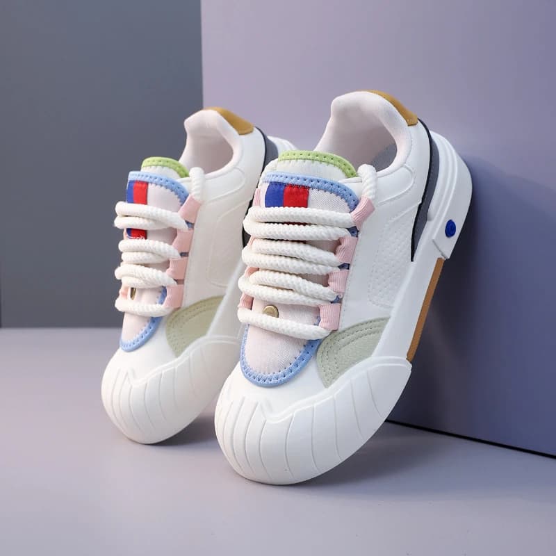 Women Wave Shell Toe Cap Lace Up Trainers Woman Low Top Pastel Contrast Trim Sneaker Macaron Color Block Leatherette Skate Shoes