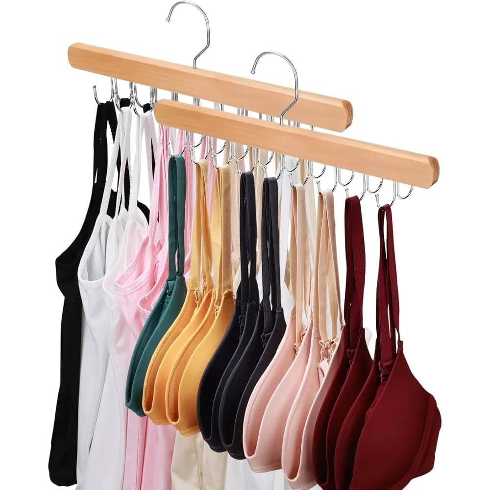 Confezione da 2 appendiabiti in legno per reggiseni e canotte, 36 ganci pieghevoli a 360° ° Organizzatore per Armadio Girevole Salvaspazio per Reggiseni e Sciarpe