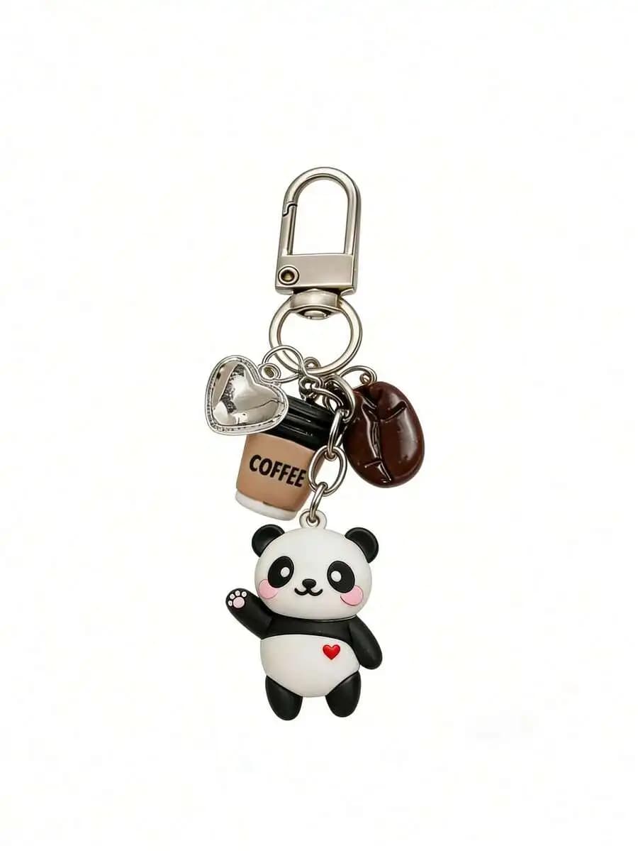 Panda-shaped coffee cup keychain pendant with mini coffee beans and shiny heart charm made of resin ideal for bags phones cars o