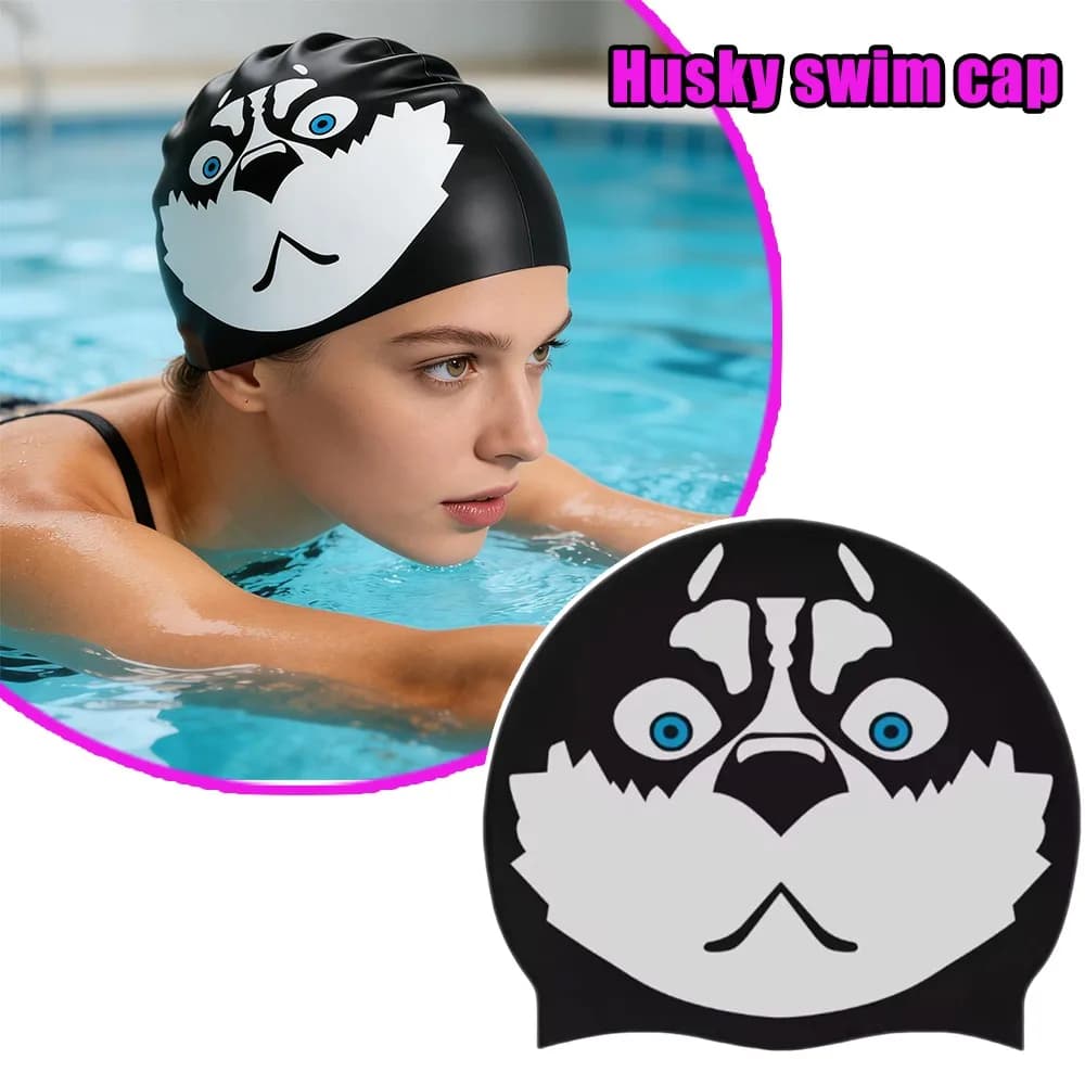 Silicone Men Swim Cap Dog Print Comfortable Waterproof Elastic Fit For Adult Male Teen Dad Boyfriend Short Medium Hair Pool Use
